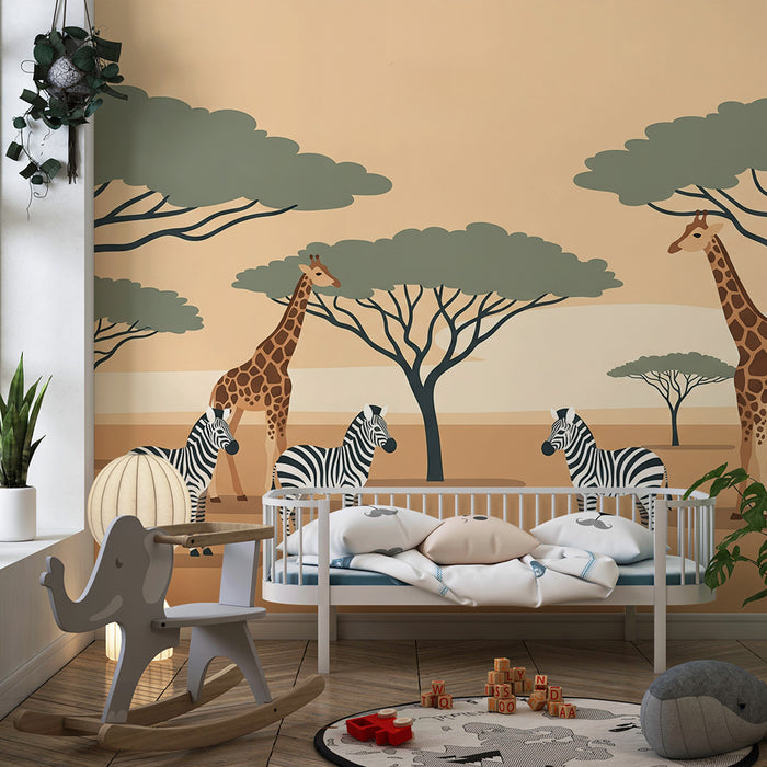Papel de parede criança | Girafas e zebras na savana ensolarada