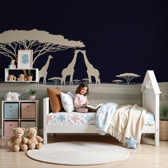 Papier peint chambre enfant | Girafes et zèbres dans la savane nocturne