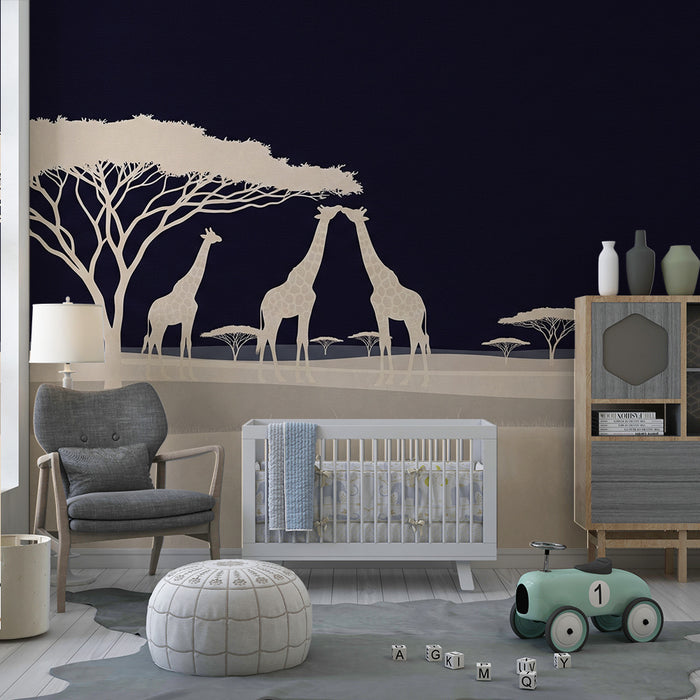 Papier peint chambre enfant | Girafes et zèbres dans la savane nocturne