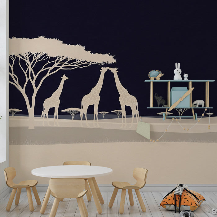 Papier peint chambre enfant | Girafes et zèbres dans la savane nocturne