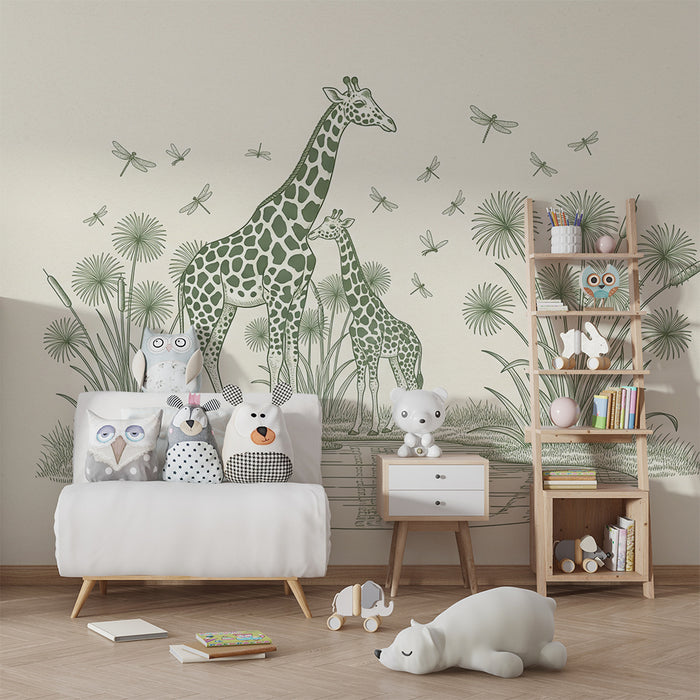 **Tapet cameră copii | Girafe maiestuoase lângă un iaz**