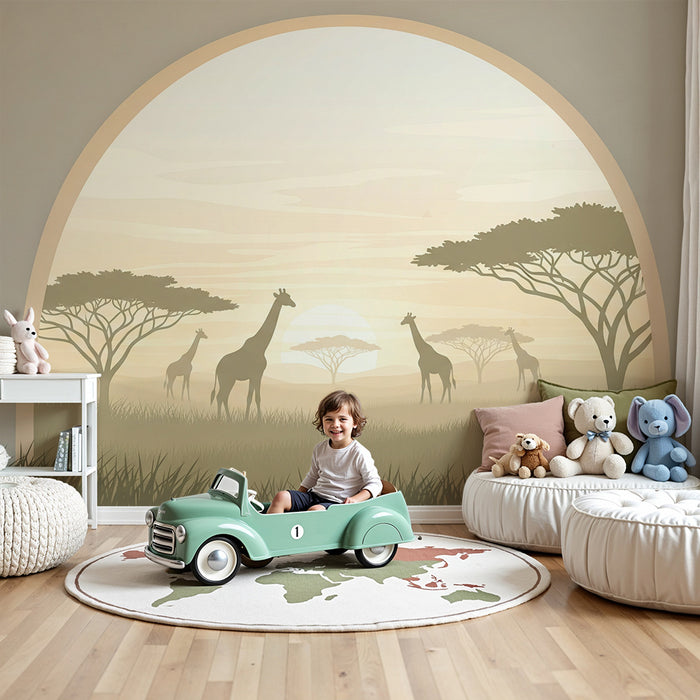 Papier peint chambre enfant | Girafes majestueuses au coucher de soleil dans la savane
