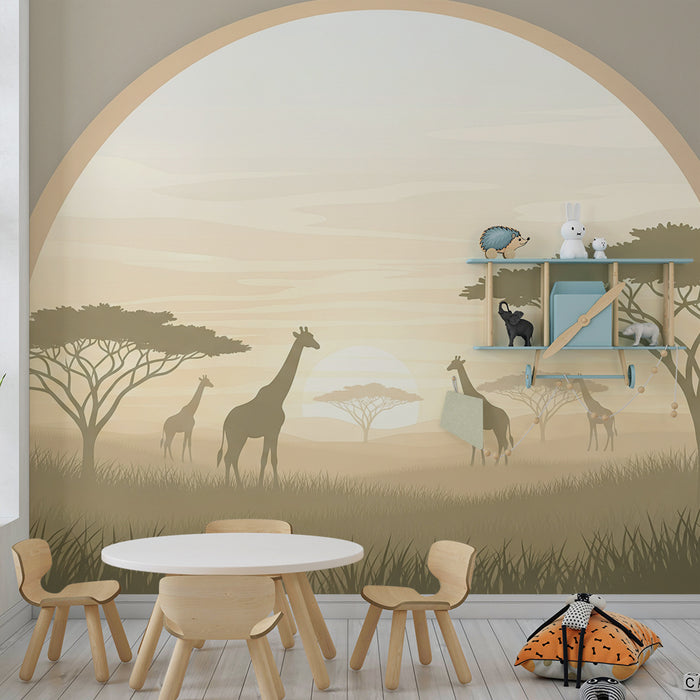 Papier peint chambre enfant | Girafes majestueuses au coucher de soleil dans la savane