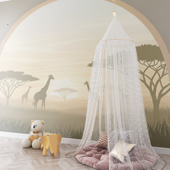 Papier peint chambre enfant | Girafes majestueuses au coucher de soleil dans la savane