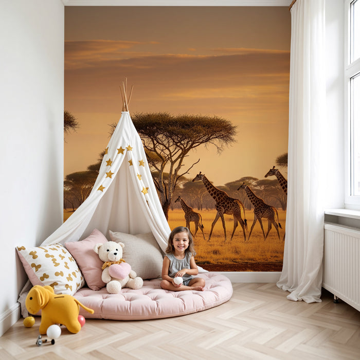 Papier peint chambre enfant | Girafes majestueuses au coucher du soleil