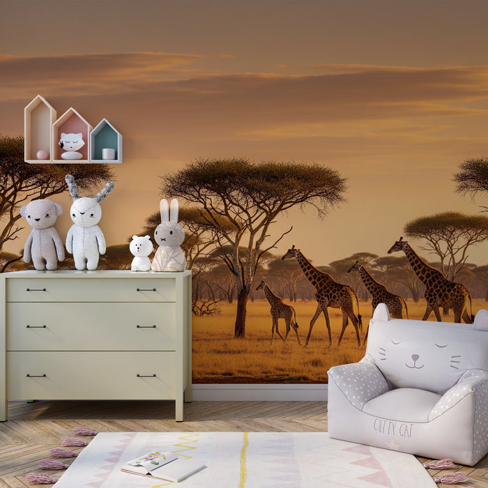 Papier peint chambre enfant | Girafes majestueuses au coucher du soleil