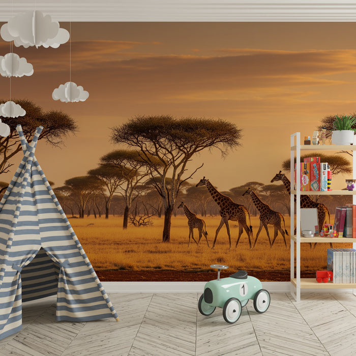 Papier peint chambre enfant | Girafes majestueuses au coucher du soleil