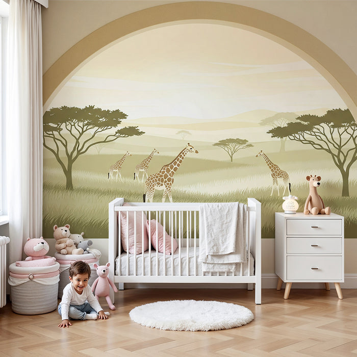 Papier peint chambre enfant | Girafes majestueuses dans un paysage africain apaisant