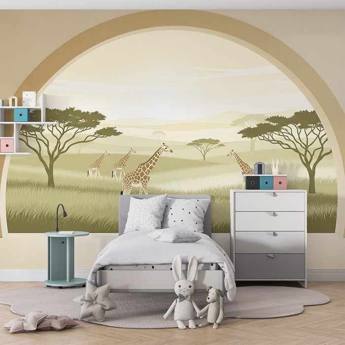 Papier peint chambre enfant | Girafes majestueuses dans un paysage africain apaisant