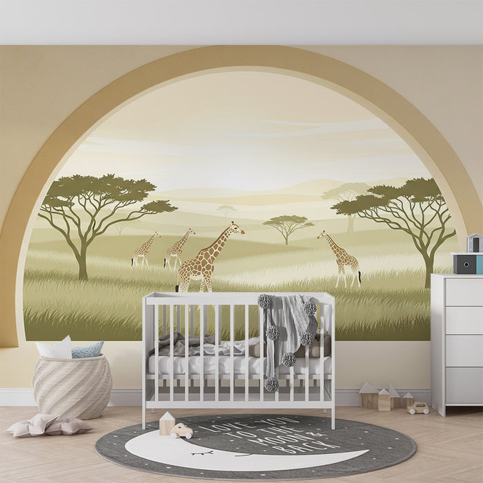 Papier peint chambre enfant | Girafes majestueuses dans un paysage africain apaisant
