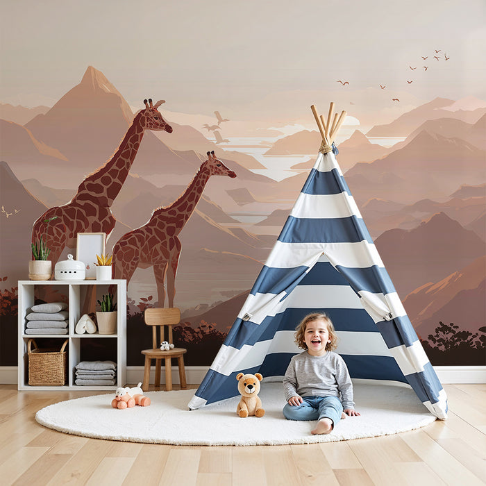 Behang kinderkamer | Majestueuze giraffen in berglandschap