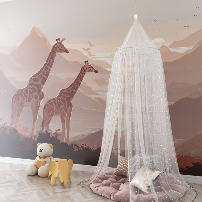 Behang kinderkamer | Majestueuze giraffen in berglandschap