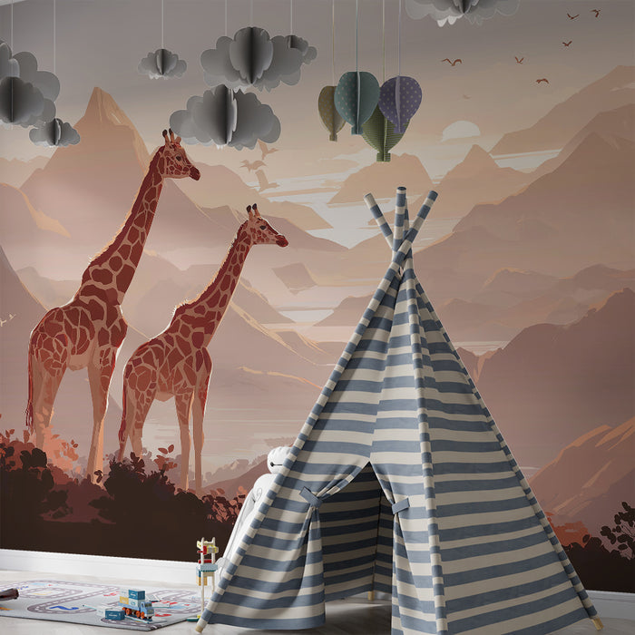 Behang kinderkamer | Majestueuze giraffen in berglandschap