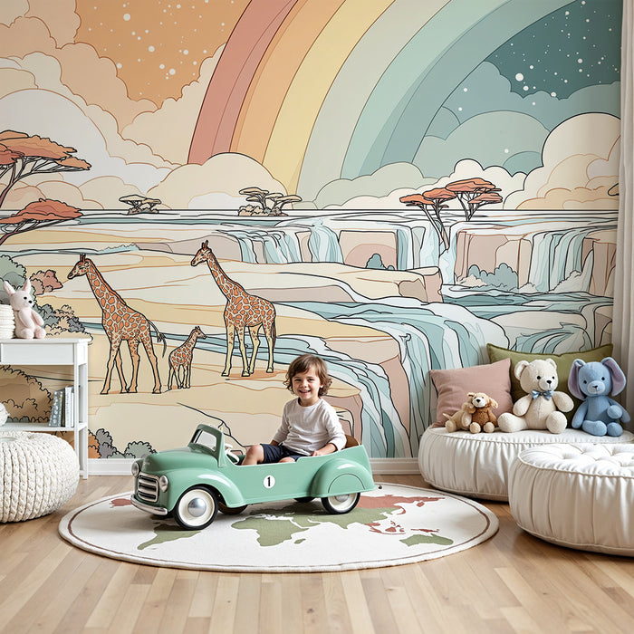 Papier peint chambre enfant | Girafes majestueuses et paysages enchanteurs sous un arc-en-ciel