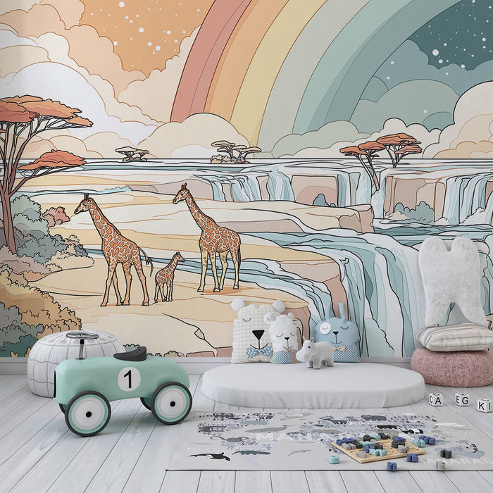 Papier peint chambre enfant | Girafes majestueuses et paysages enchanteurs sous un arc-en-ciel