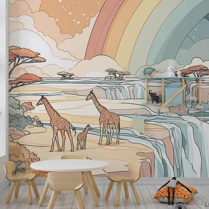 Papier peint chambre enfant | Girafes majestueuses et paysages enchanteurs sous un arc-en-ciel