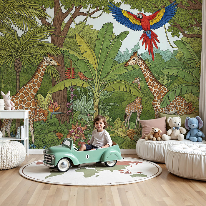 Gyermekszoba tapéta | Fenséges zsiráfok és színes papagáj egy buja dzsungelben