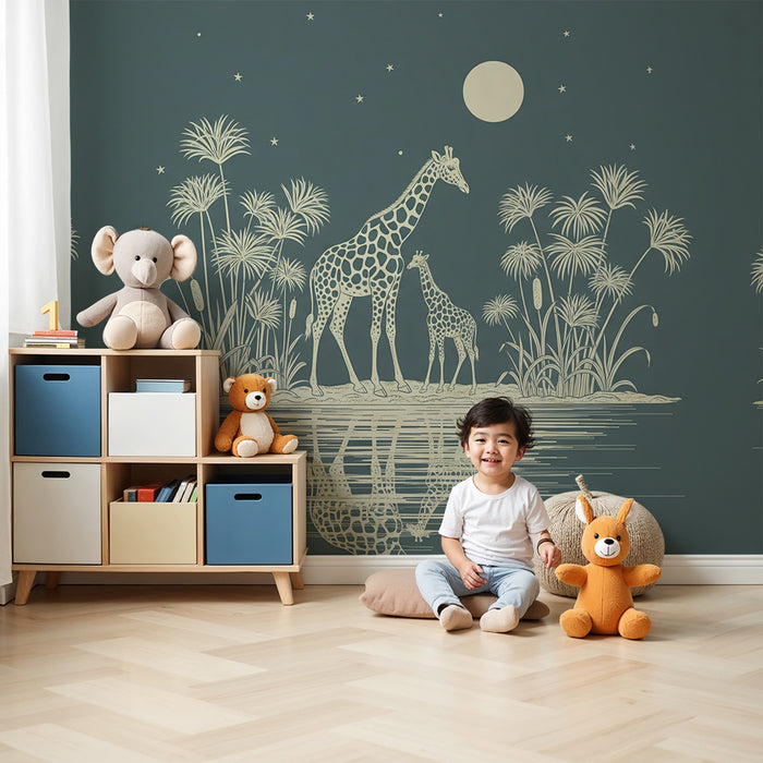 Papel de parede para quarto infantil | Girafas majestosas sob a lua com reflexo na água