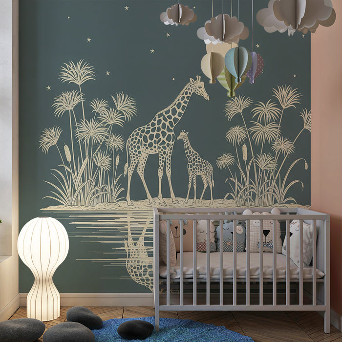 Papel de parede para quarto infantil | Girafas majestosas sob a lua com reflexo na água