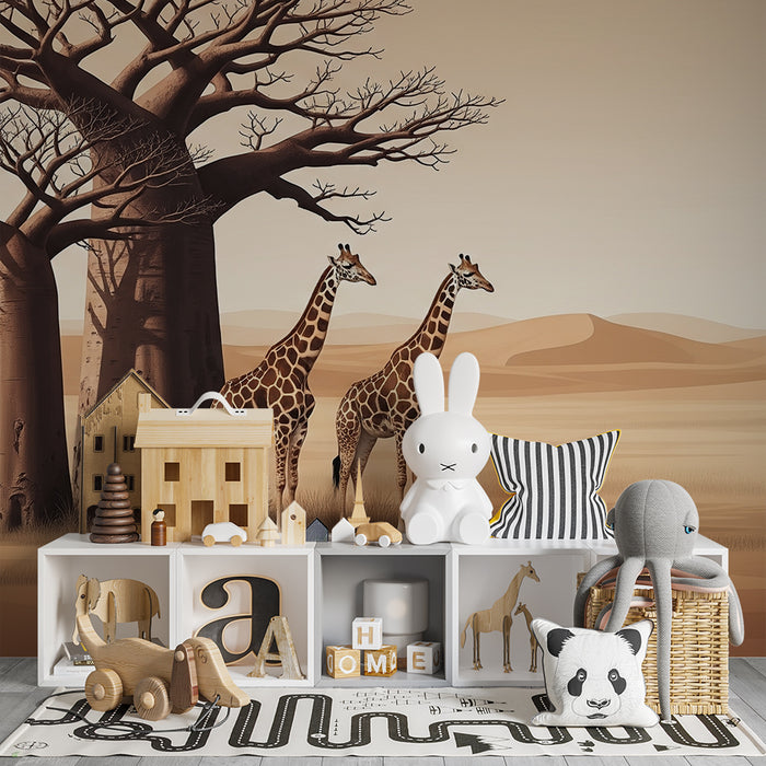 Carta da parati bambini | Giraffe maestose sotto un baobab in un paesaggio desertico