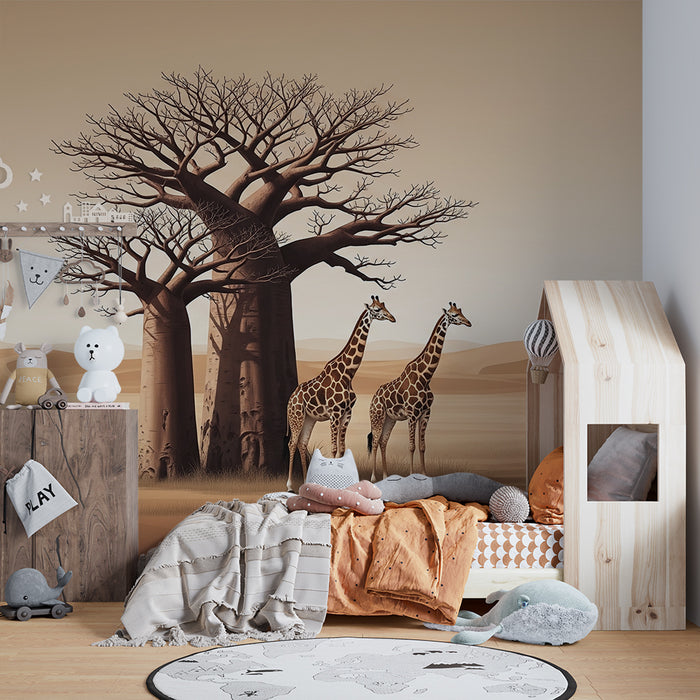 Carta da parati bambini | Giraffe maestose sotto un baobab in un paesaggio desertico