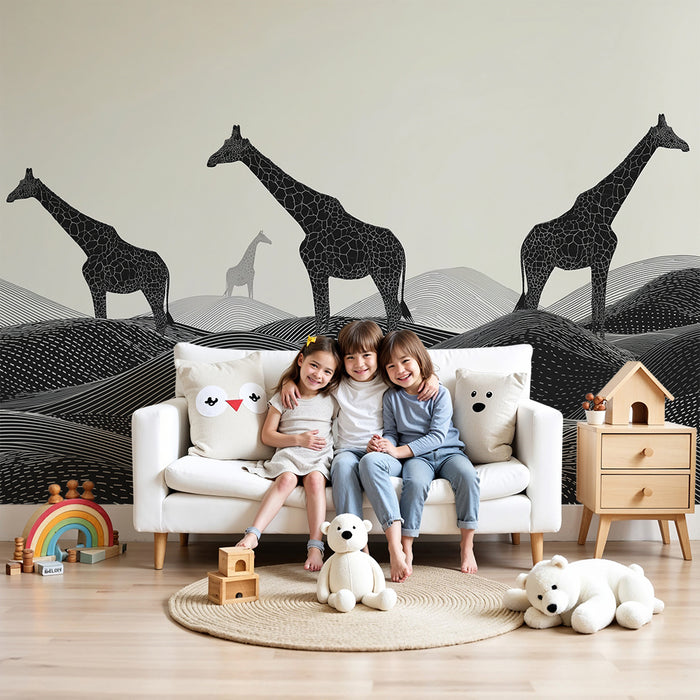 Kinderzimmer Tapete | Stilisierte Giraffen auf grafischen Hügeln