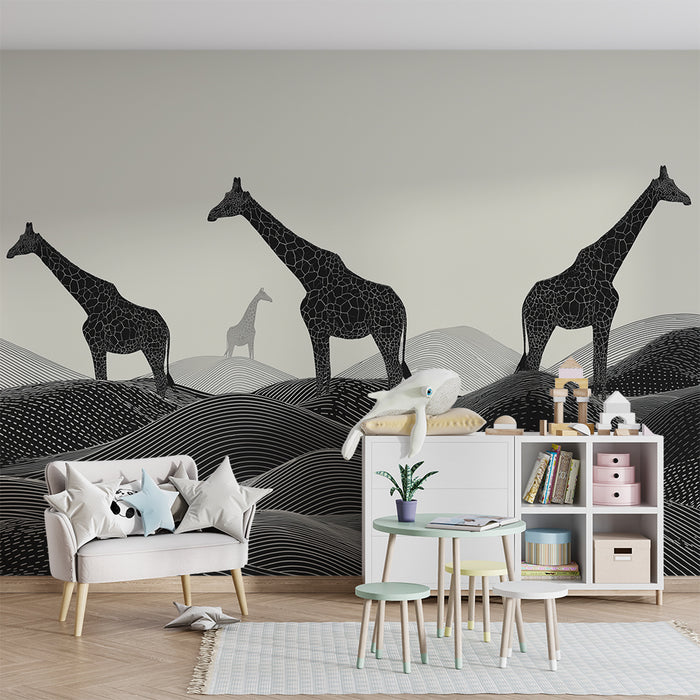 Kinderzimmer Tapete | Stilisierte Giraffen auf grafischen Hügeln