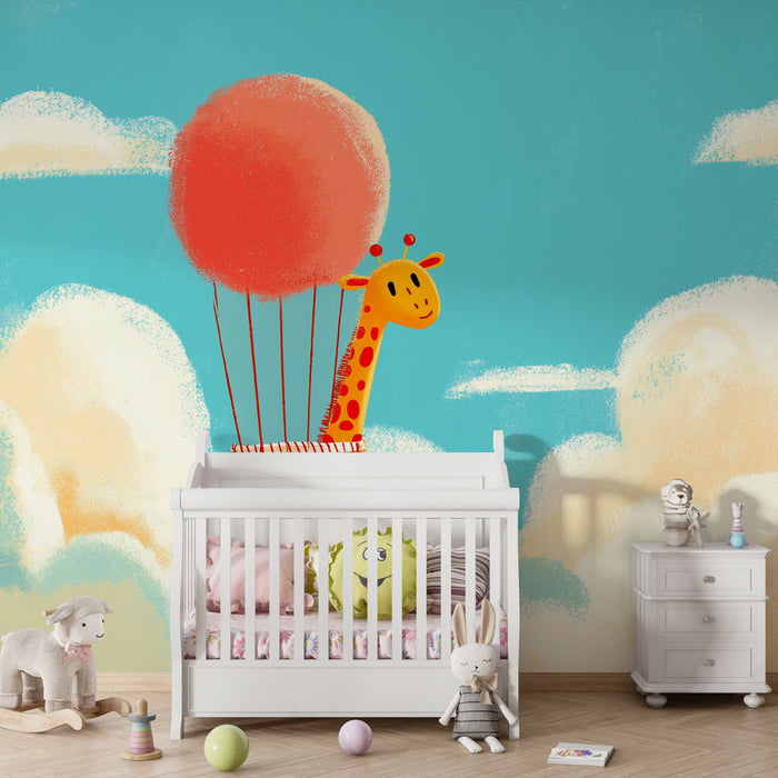Kinderkamer behang | Giraffe in luchtballon in de blauwe lucht