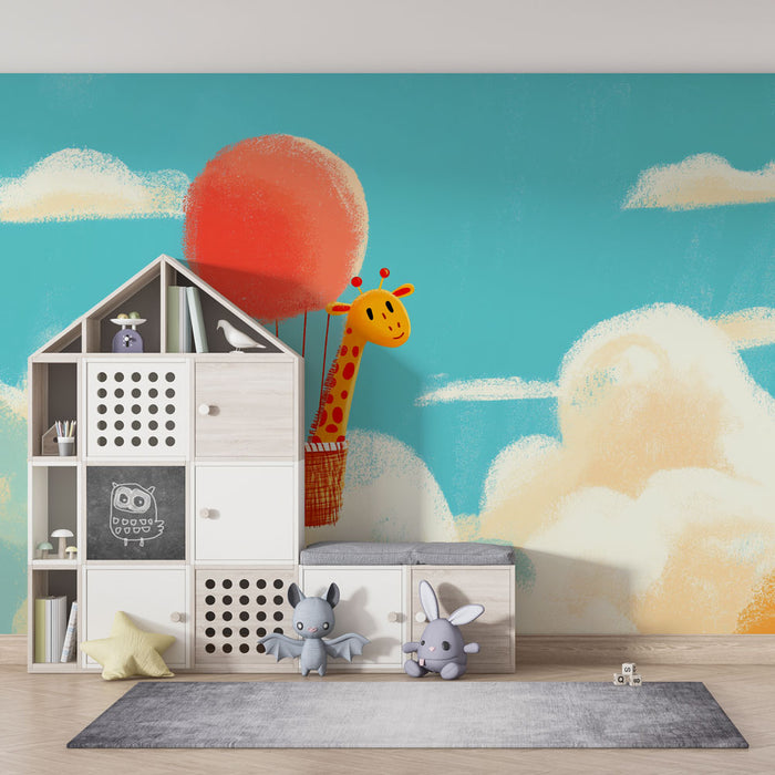 Kinderkamer behang | Giraffe in luchtballon in de blauwe lucht