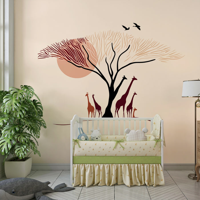 Papel de parede criança | Girafas debaixo de uma árvore majestosa