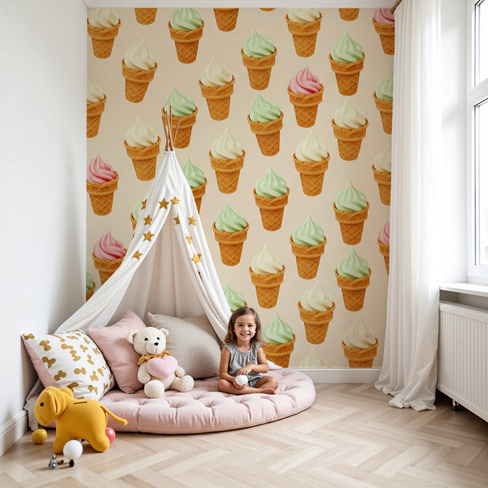 Kinderzimmer-Tapete | Bunte Eistüten auf zartem Hintergrund