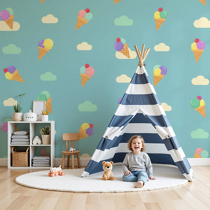 Behang kinderkamer | Gekleurde ijsjes op blauwe achtergrond met wolken