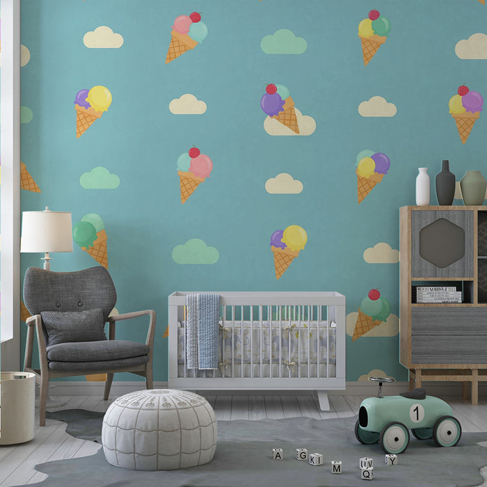 Behang kinderkamer | Gekleurde ijsjes op blauwe achtergrond met wolken