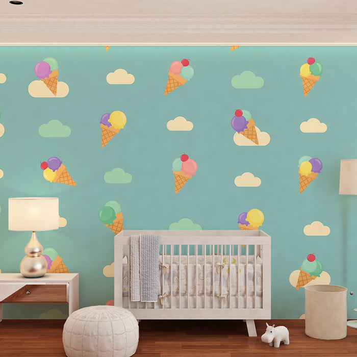 Behang kinderkamer | Gekleurde ijsjes op blauwe achtergrond met wolken