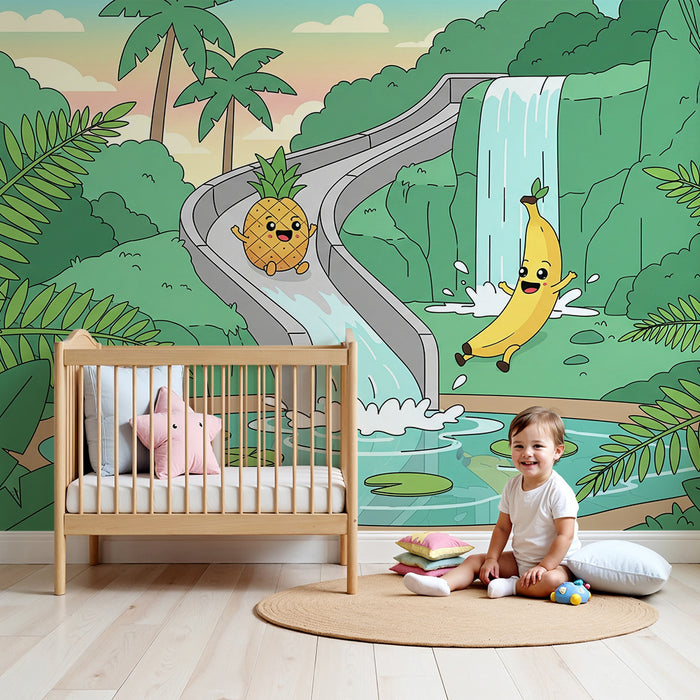 Papel de parede para quarto de criança | Escorrega aquático com frutas alegres numa selva tropical