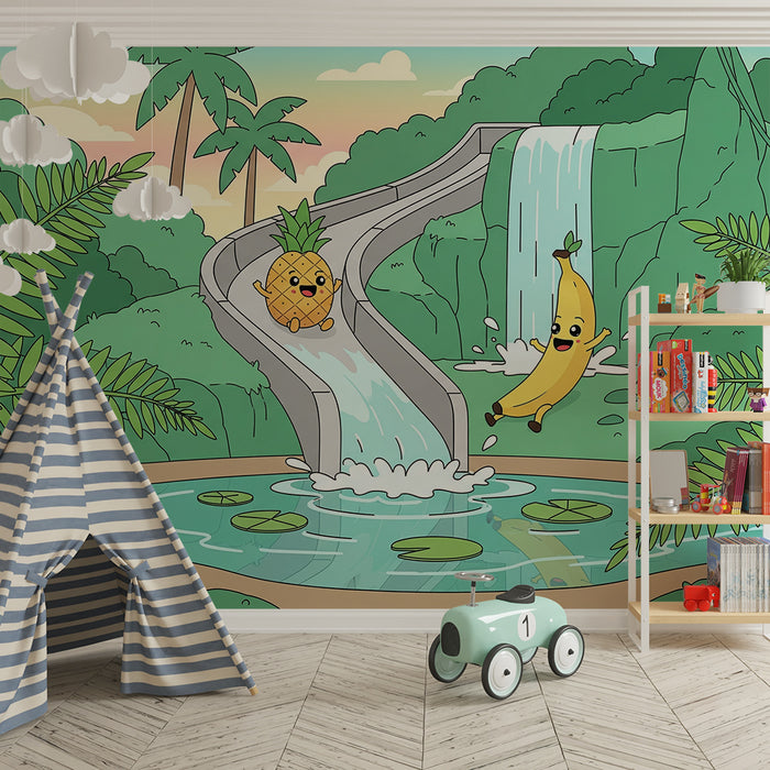 Papel de parede para quarto de criança | Escorrega aquático com frutas alegres numa selva tropical