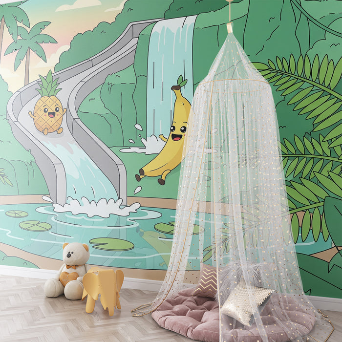 Papel de parede para quarto de criança | Escorrega aquático com frutas alegres numa selva tropical