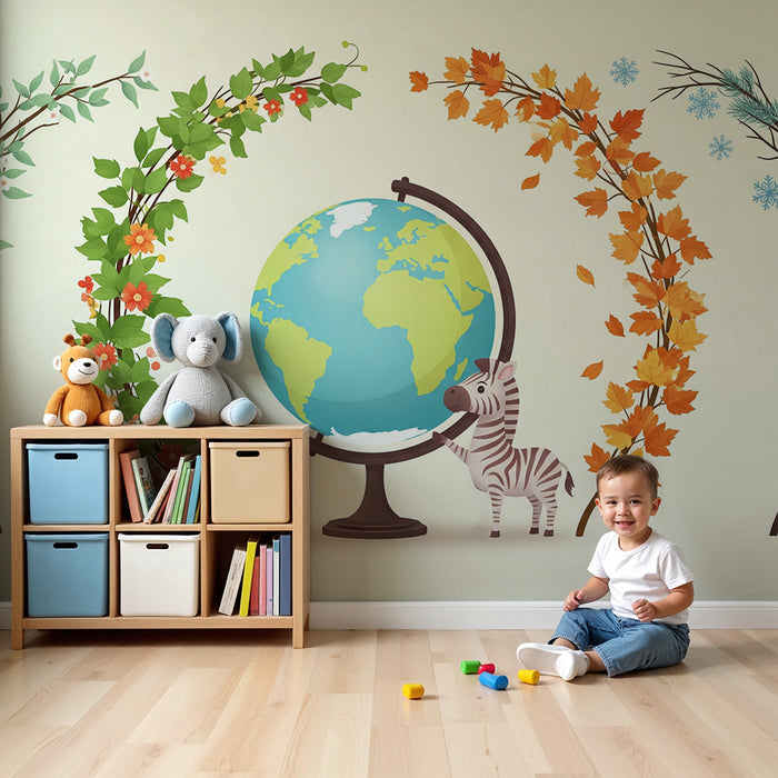 Kids room wallpaper | Globe surrounded by seasons and a fun zebra