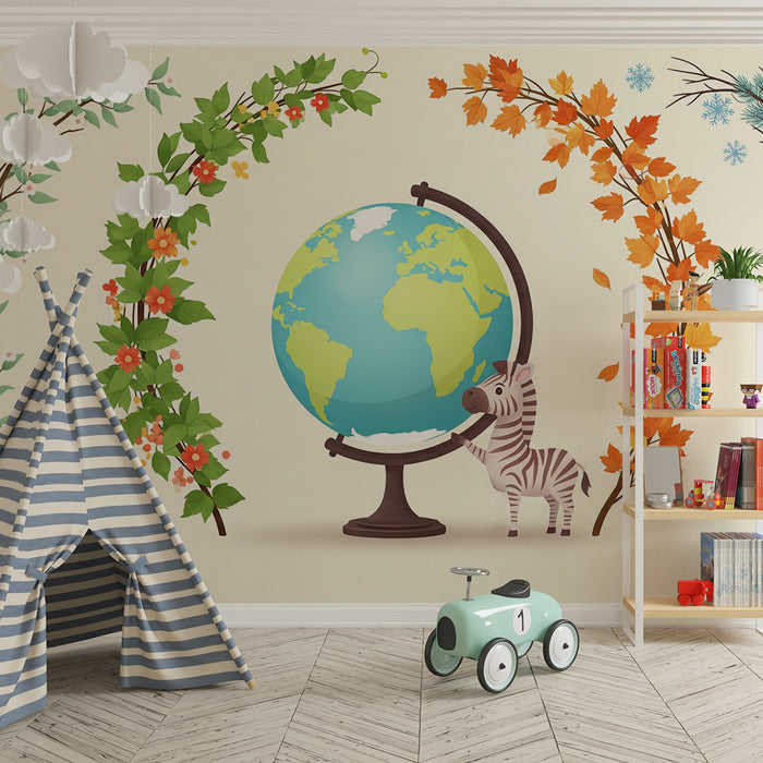 Kids room wallpaper | Globe surrounded by seasons and a fun zebra