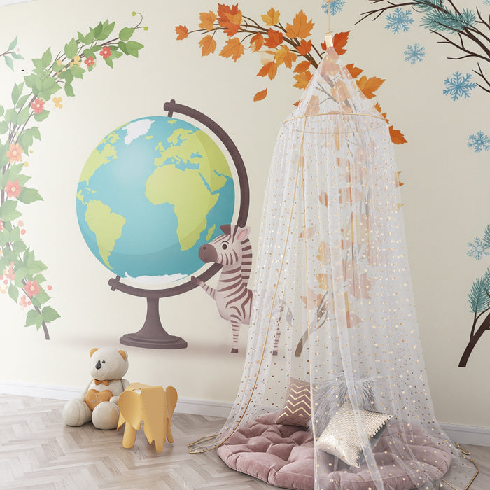Kids room wallpaper | Globe surrounded by seasons and a fun zebra