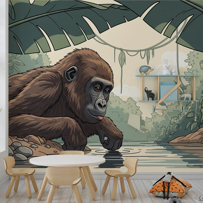 Lastenhuoneen tapetti | Mietiskelevä gorilla veden äärellä rehevässä viidakossa