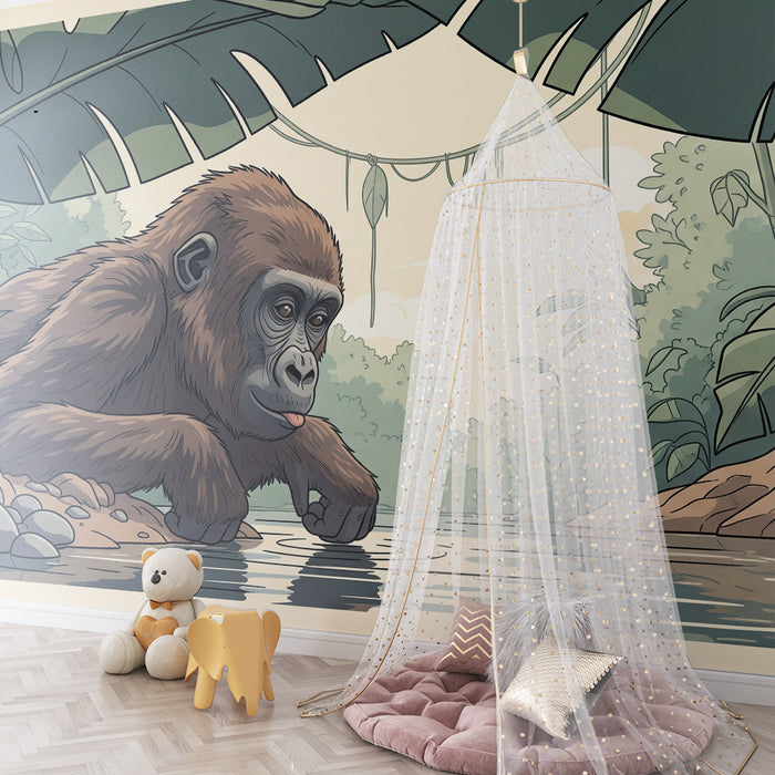 Lastenhuoneen tapetti | Mietiskelevä gorilla veden äärellä rehevässä viidakossa