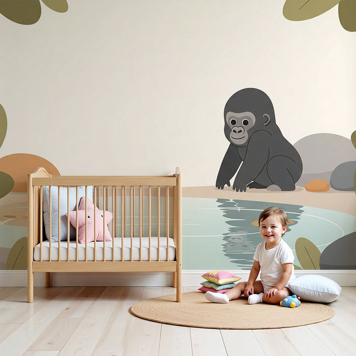 Sobna tapeta za otroško sobo | Radovedni gorili ob vodi v pomirjujočem okolju