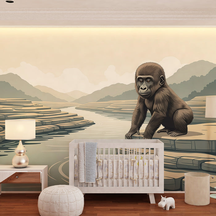 Børnetapet | Nysgerrig gorilla ved vandkanten i et roligt landskab