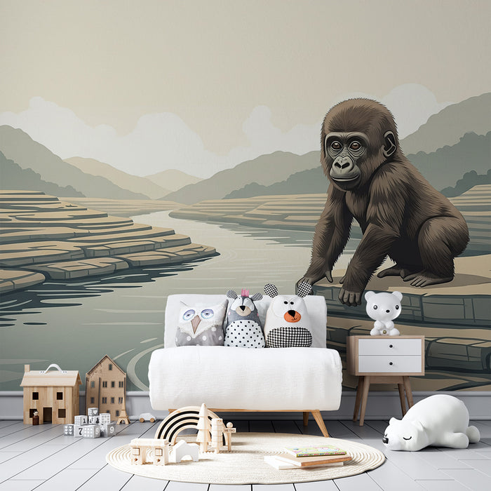 Børnetapet | Nysgerrig gorilla ved vandkanten i et roligt landskab