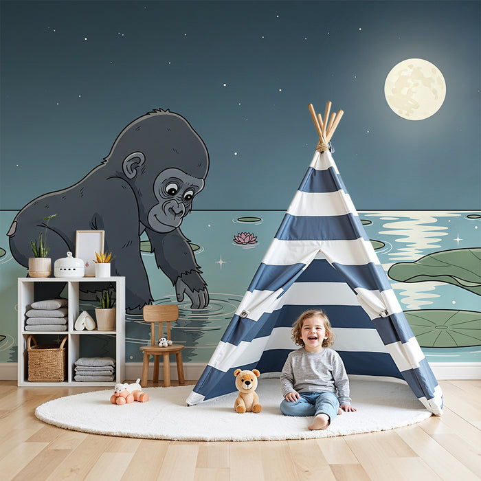 Papier peint chambre enfant | Gorille curieux au bord de l'eau sous la lune