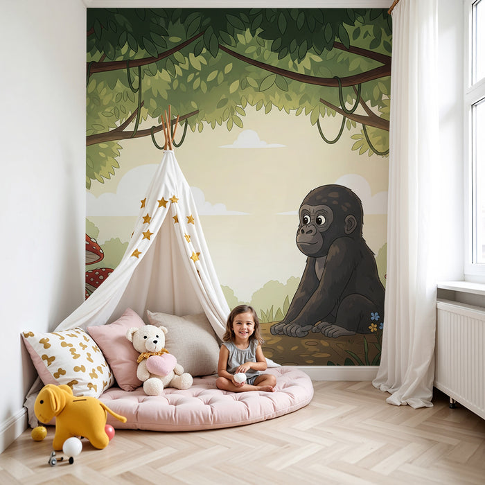 Children's bedroom wallpaper | Curious gorilla in the middle of an enchanted forest
