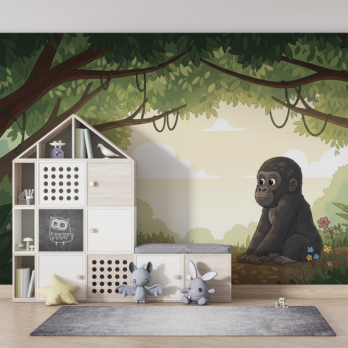 Children's bedroom wallpaper | Curious gorilla in the middle of an enchanted forest