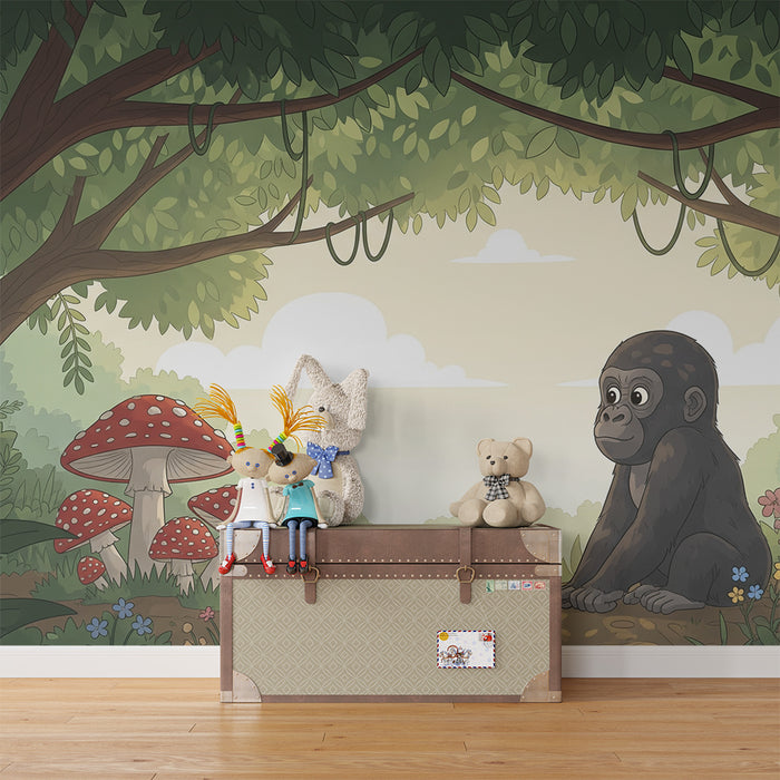 Children's bedroom wallpaper | Curious gorilla in the middle of an enchanted forest