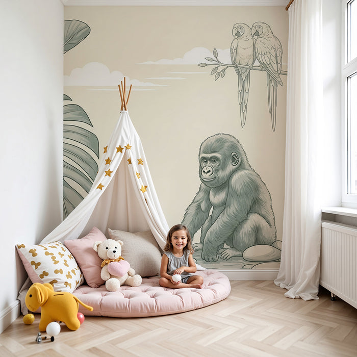 Papier peint chambre enfant | Gorille curieux et jungle tropicale en nuances de vert